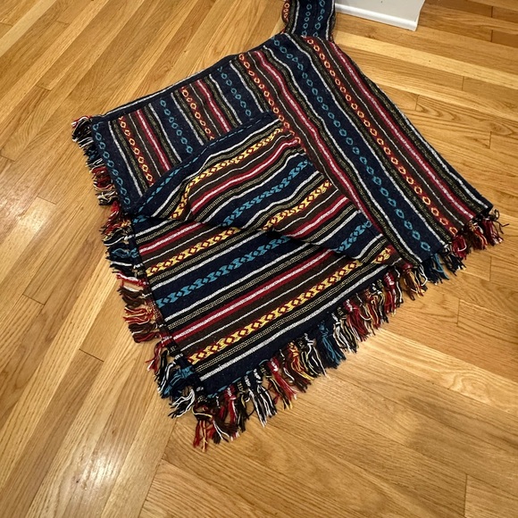 Vintage Cotton Hooded Poncho with Fringe from Nepal - Picture 5 of 10